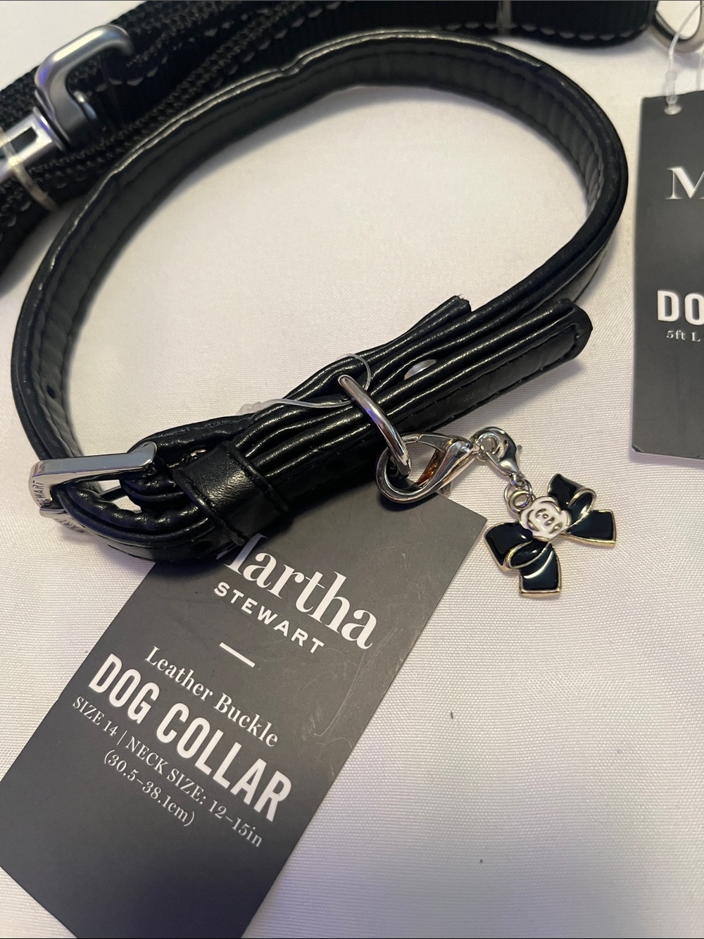 Martha Stewart Black Leather Dog Collar Small with Matching Black Nylon Leash - Picture 2 of 3